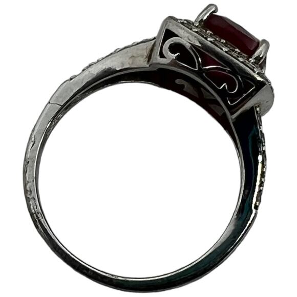 Sterling Silver 925 Ruby Red CZ Halo Ring Art Deco Style Size 6.5 - Picture 4 of 13